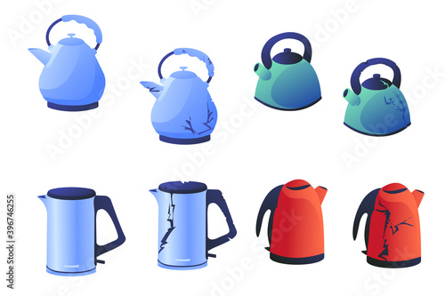 Set of illustrations of a modern teapot, broken kitchen appliances on a white background. A kettle for boiling water with cracks and a worn texture.