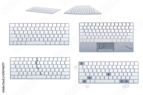 Set of modern illustration isolated on white background, broken gray keyboard from computer and laptop. Crack in the keyboard, key falling out. Cleaning and repair of keyboards.