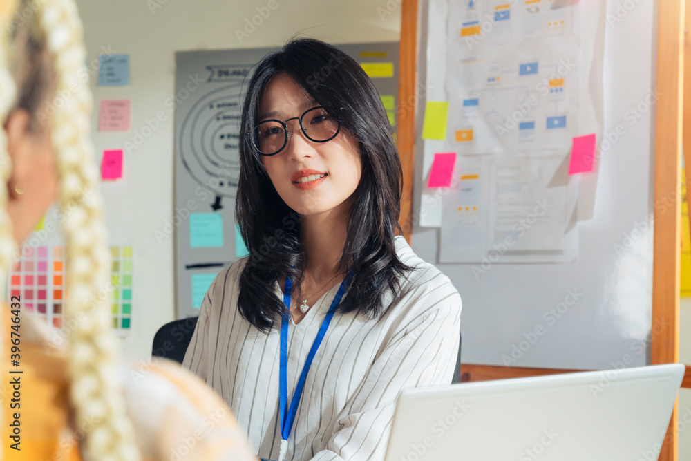 Ux ui desiner female Woman during job interview and three startup ...