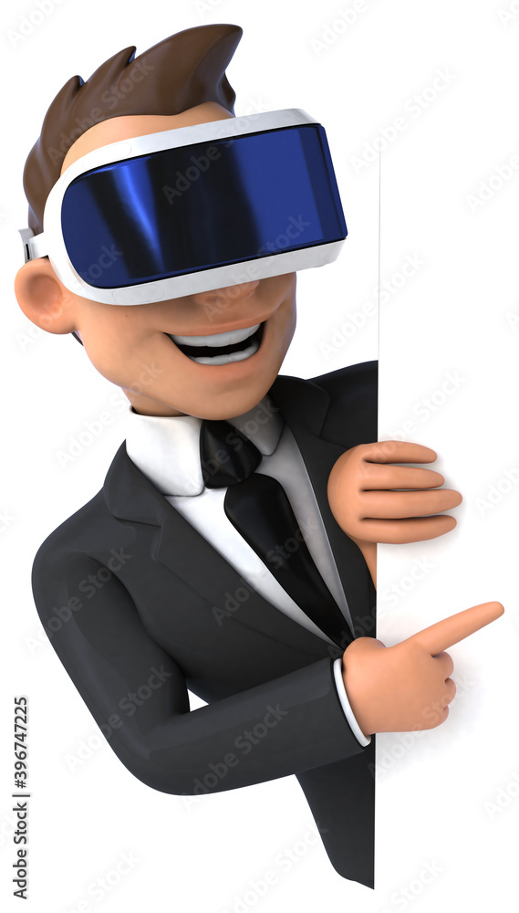Fun 3D illustration of a cartoon businessman with a VR helmet Fun 3D illustration of a cartoon businessman with a VR helmet