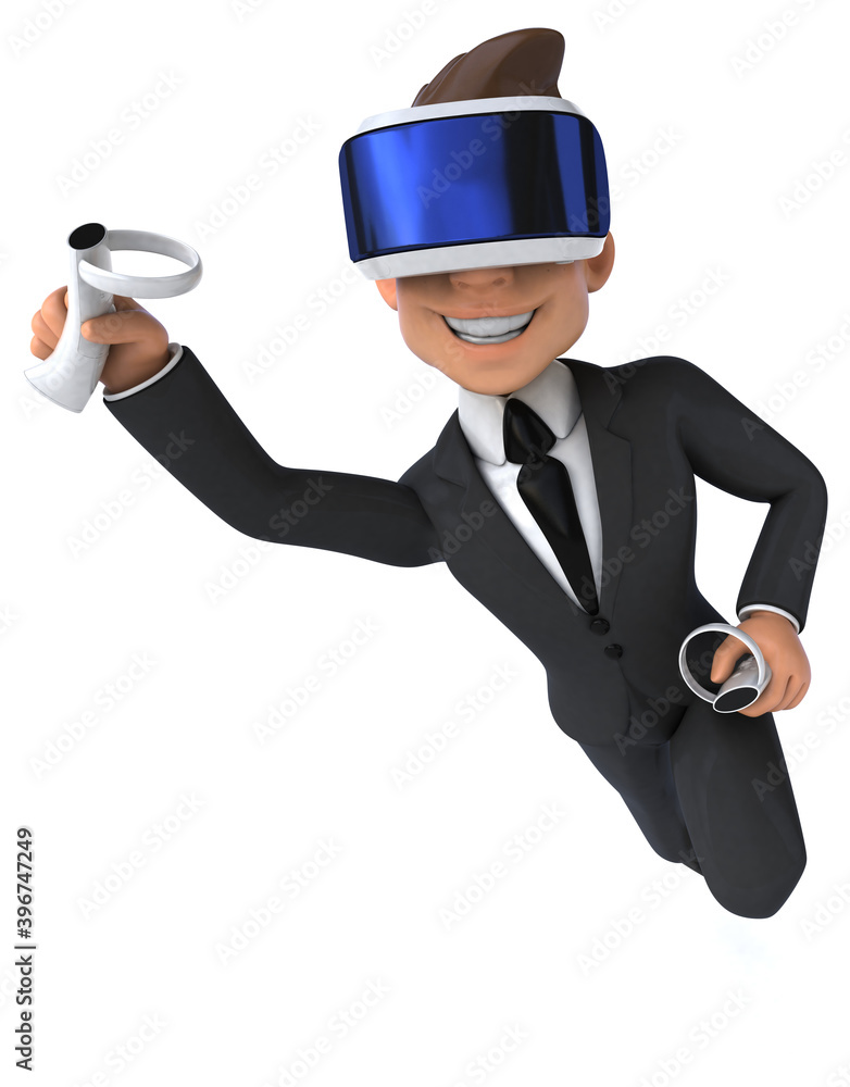 Fun 3D illustration of a cartoon businessman with a VR helmet Fun 3D illustration of a cartoon businessman with a VR helmet