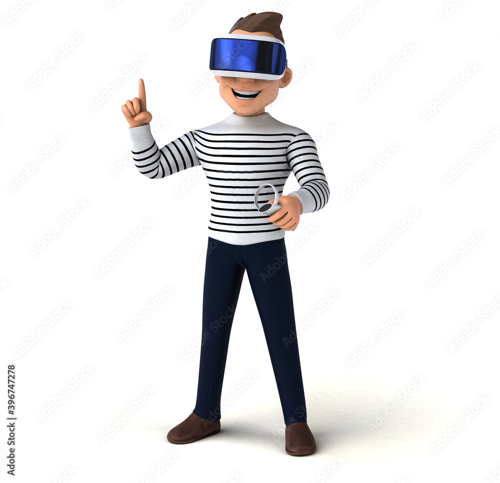 Fun 3D illustration of a cartoon man with a VR helmet