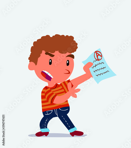 cartoon character of little boy on jeans arguing effusively with exam in hand