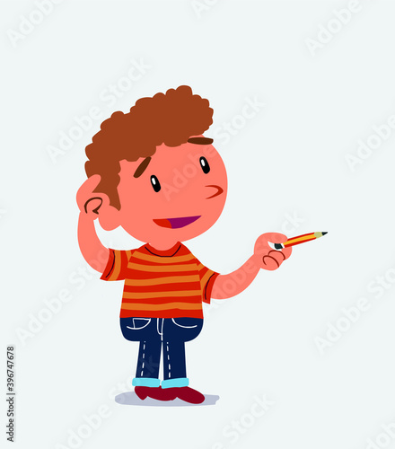 cartoon character of little boy on jeans doubts while pointing with a pencil