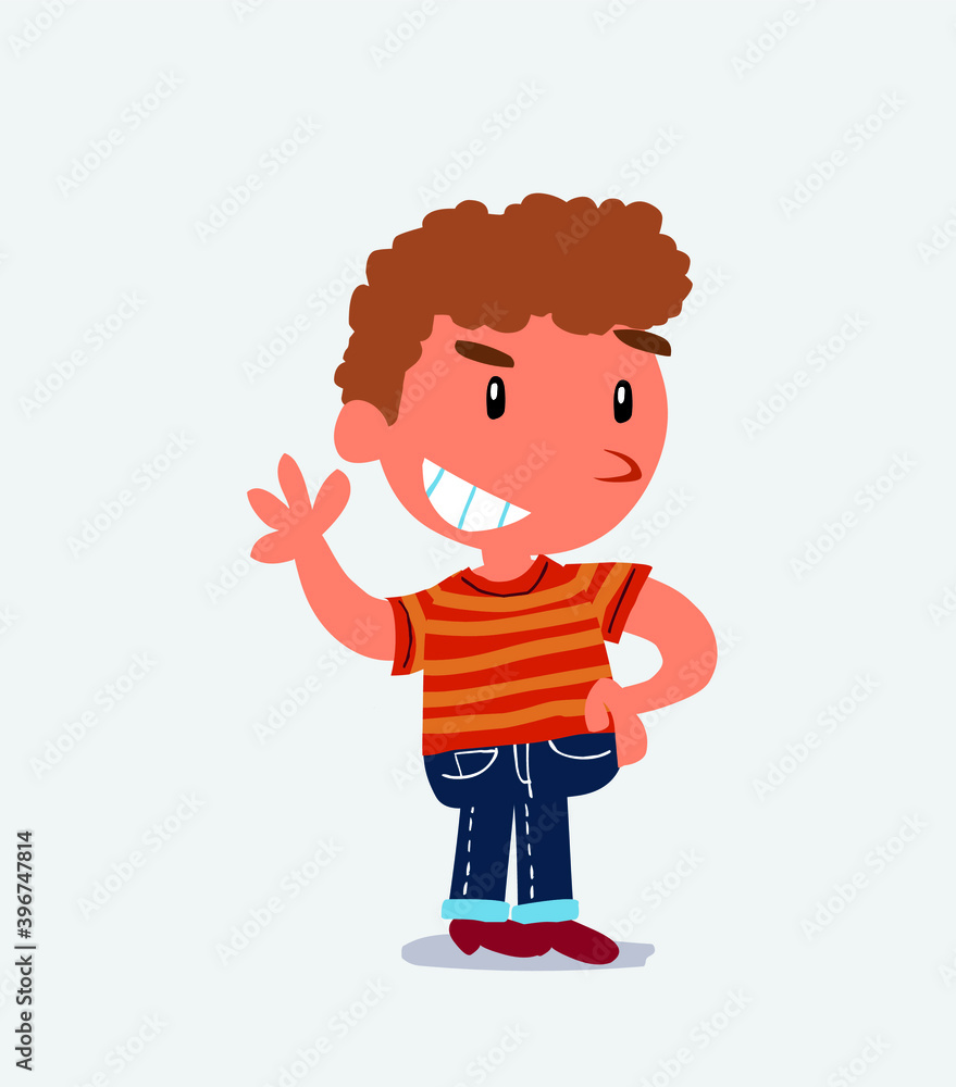  cartoon character of little boy on jeans waving while smiling