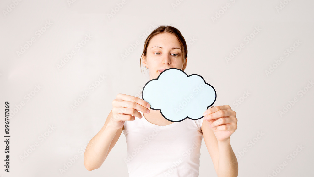woman holding blank speech bubble woman holding blank speech bubble