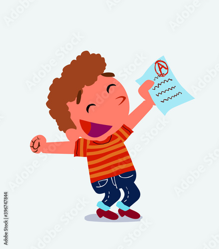  euphoric cartoon character of little boy on jeans raises his arms with exam in hand.