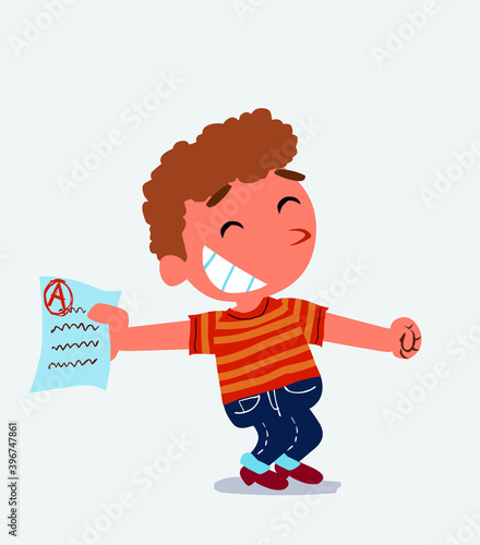 happy cartoon character of little boy on jeans rejoices with exam in hand