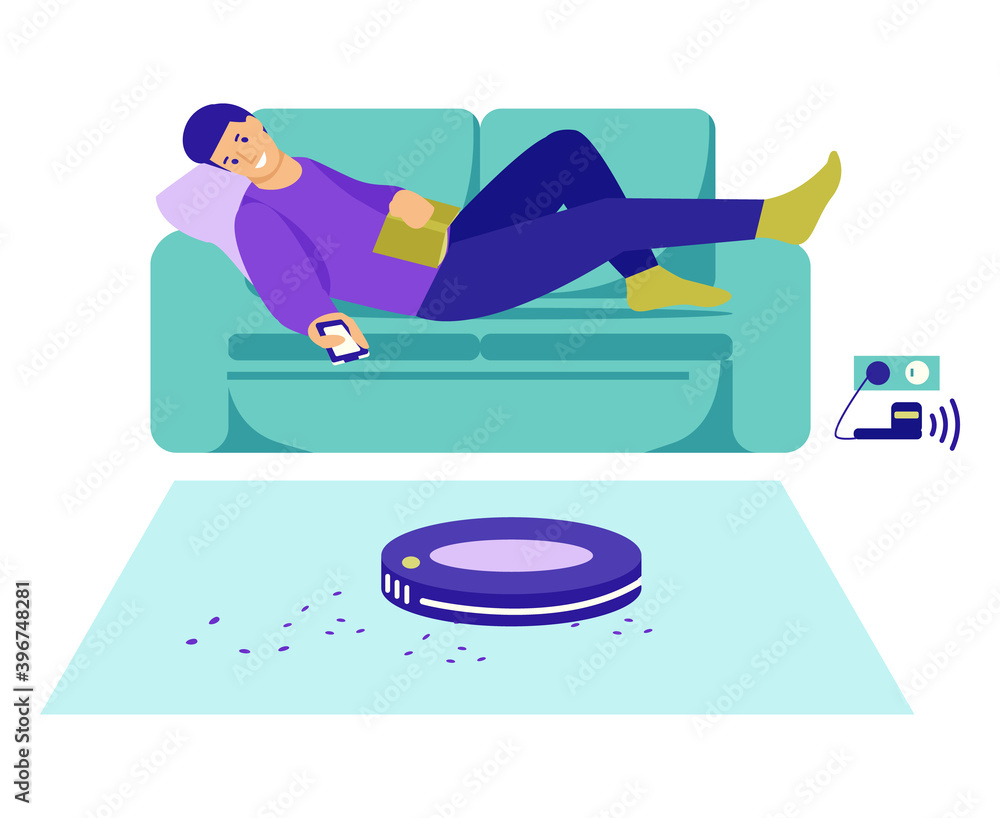 Obraz premium A young man lies on the couch, controls the robot vacuum cleaner from the remote control. Modern wireless equipment for cleaning the apartment. Vector illustration in flat style. Isolated on white.