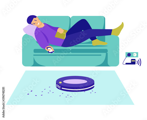 A young man lies on the couch, controls the robot vacuum cleaner from the remote control. Modern wireless equipment for cleaning the apartment. Vector illustration in flat style. Isolated on white.