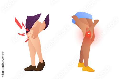 Modern bright illustration of knee pain in men and women. Acute pain in the knee joint, spasms, fractures. Advertising of products for joints.