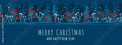 Christmas banner with сhristmas tree branches, decorated with red, white berries and snow. Abstract winter holidays art template. Vector illustration on a blue background.