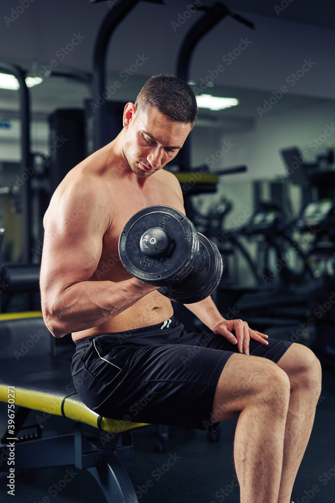 Muscular bodybuilder guy doing exercises with dumbbell Muscular bodybuilder guy doing exercises with dumbbell