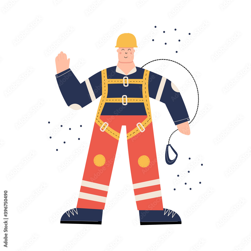 Construction or factory worker wearing hard hat, safety harness, work