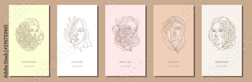 A set of minimalistic Instagram stories. Modern style, nude colors and trendy line art style. Portraits of women with flowers. Beauty brand decoration, massage, meditation, body care