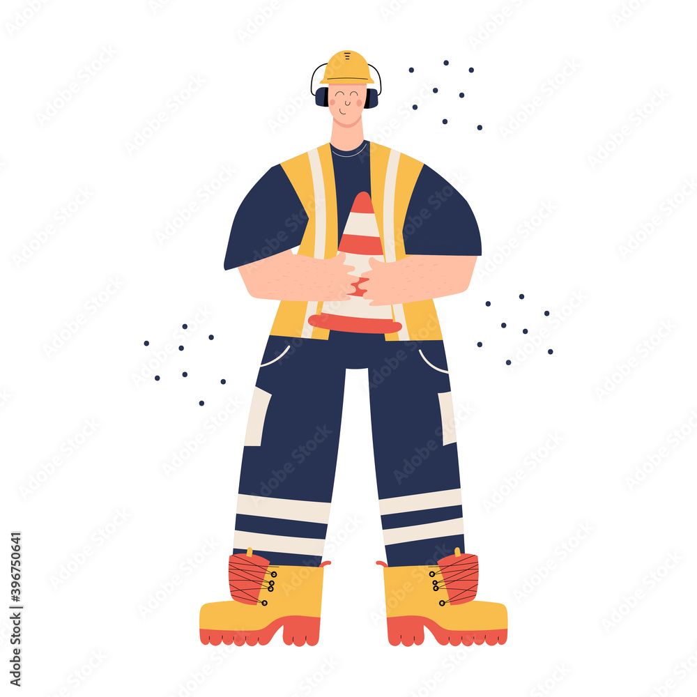 Road Construction or factory worker wearing hard hat, earmuffs, high visibility vest, work clothing and boots. Worker with traffic safety cone. Health and safety at work. PPE Road Construction or factory worker wearing hard hat, earmuffs, high visibility vest, work clothing and boots. Worker with traffic safety cone. Health and safety at work. PPE