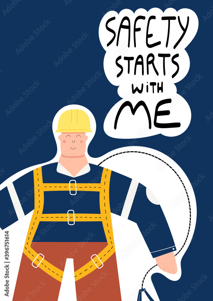 Safety starts with me handwritten phrase poster and sticker design vector. Construction or factory worker wearing hard hat, safety harness, work clothing and safety boots. Man ready to work at height