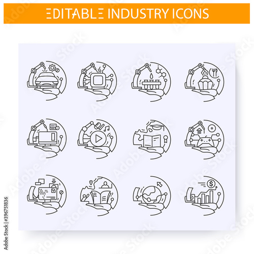 Production industries line icons set.Including electronics, mechanics, financial, mass media and commerce. Modern technologies,production branches concept.Isolated vector illustrations.Editable stroke