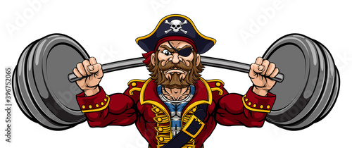 A pirate weight lifting a barbell cartoon sports training mascot character