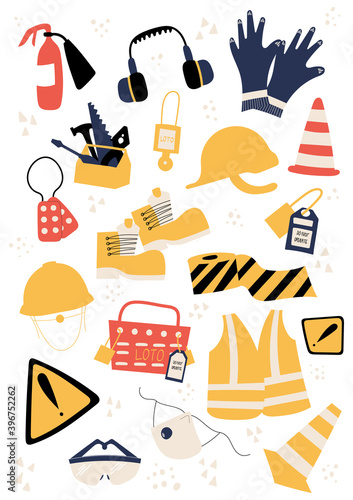 Safety equipment and PPE clipart with helmet, earmuffs, road safety cone, fire extinguisher, tools, LOTO box, locks, multipack, safety boots, warning black yellow strip, danger sign, high visibility v