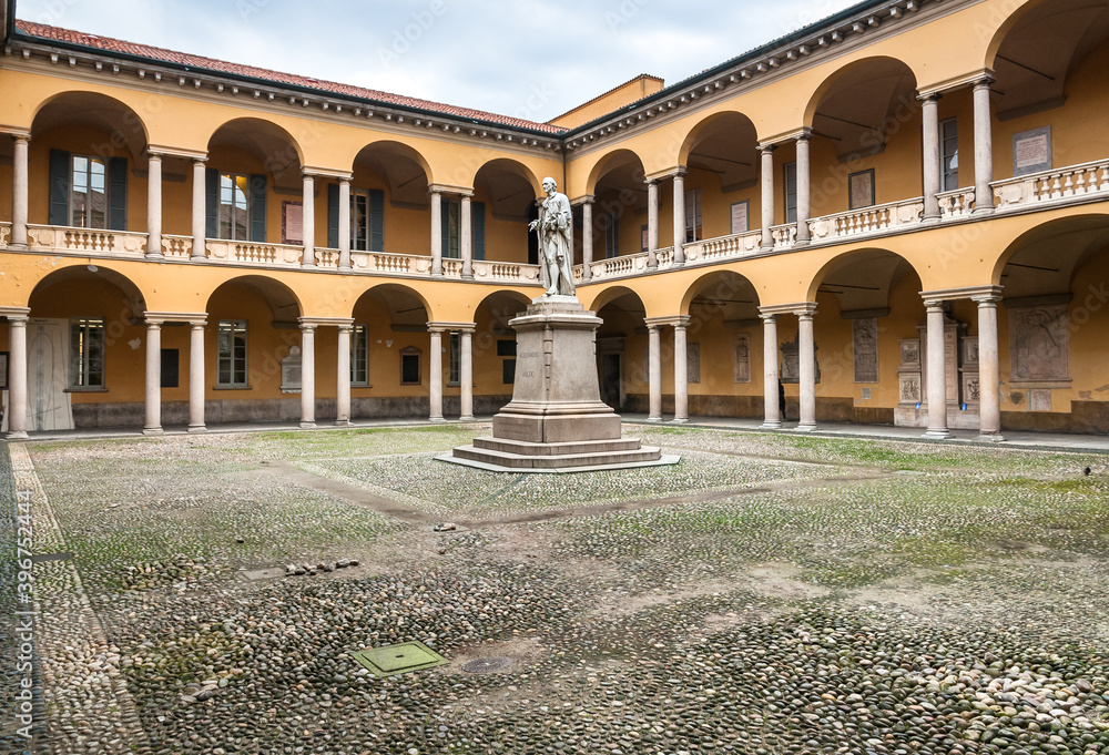 The Statue and courtyard of Alessandro Volta in the University of Pavia, Lombardy, Italy