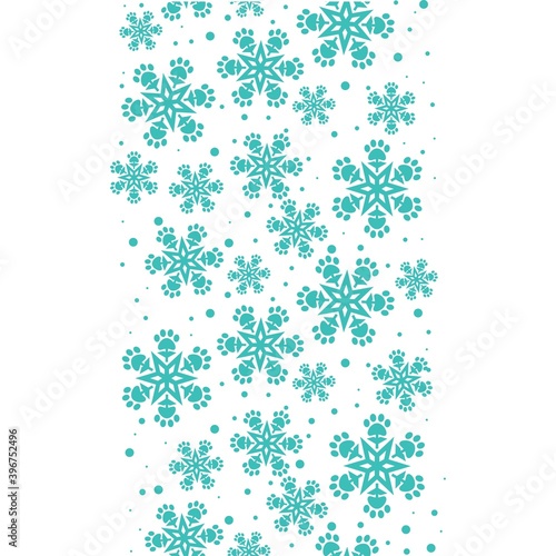 Christmas snowflakes with paw prints seamless vector pattern border