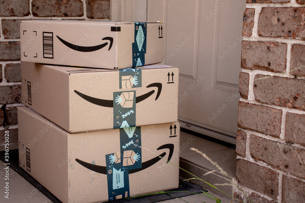 Sydney, Australia - 2020-11-29 Amazon prime boxes delivered to a front door  of residential building Stock Photo | Adobe Stock