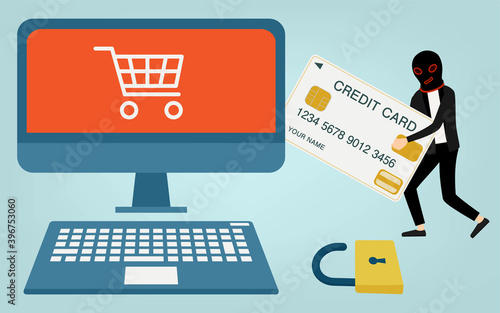 フィッシング詐欺でクレジットカード情報を盗むハッカーのイメージイラスト