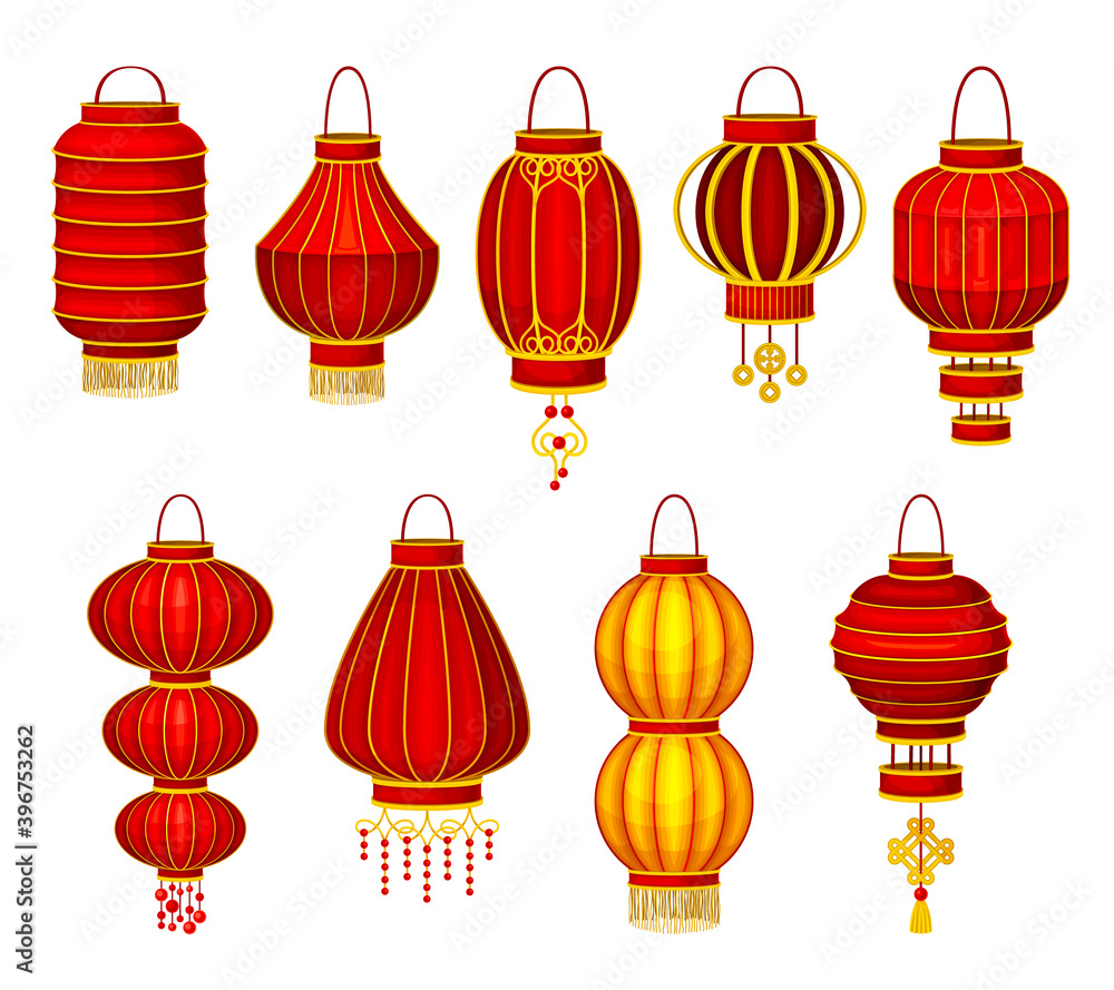 Chinese Lantern Made of Paper or Silk with Candle Inside Vector Set