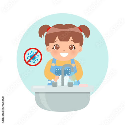 Cute little girl washing her hand at sink to prevent bacteria and corona virus. Flat vector cartoon style isolated on white.