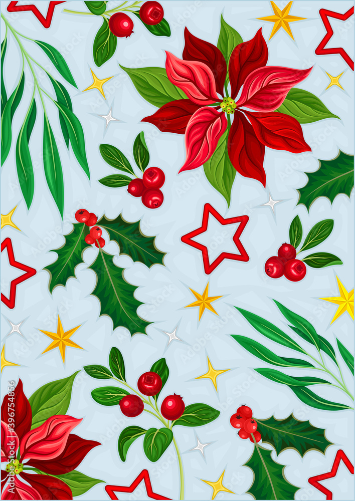 Winter Season Greeting Postcard with Scattered Christmas Symbols Like Red Poinsettia Flower and Berry Branch Vector Illustration Winter Season Greeting Postcard with Scattered Christmas Symbols Like Red Poinsettia Flower and Berry Branch Vector Illustration