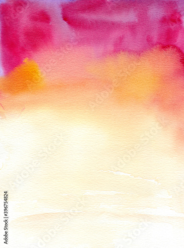 Bright pink and orange abstract watercolor background. Wet paint brush strokes, smear. Gradient hand drawn wallpaper. Colorful bright design template