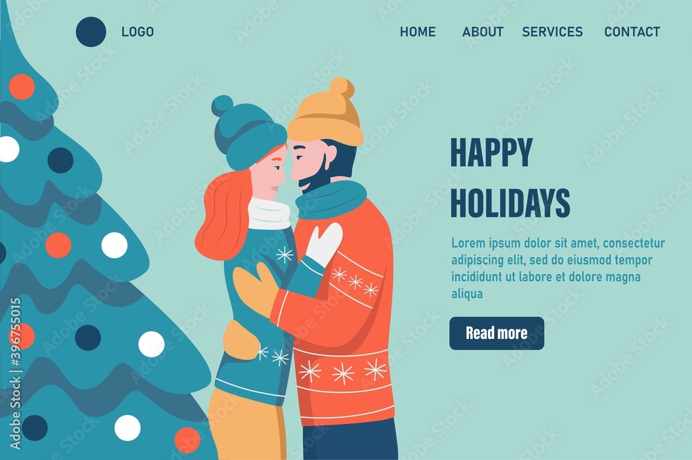Happy xmas holidays landing page vector template. Loving couple hugs near the Christmas tree and celebrates Christmas. Celebrate traditional winter event web banner. Flat vector illustration Happy xmas holidays landing page vector template. Loving couple hugs near the Christmas tree and celebrates Christmas. Celebrate traditional winter event web banner. Flat vector illustration