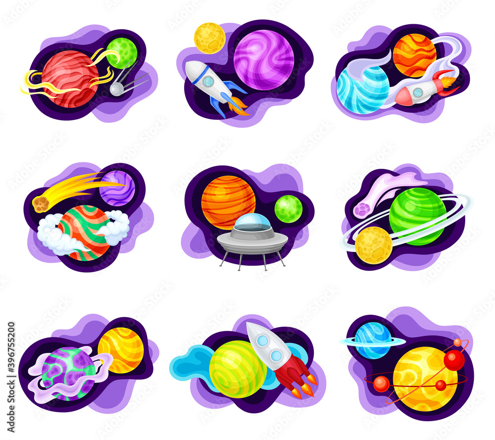 Cosmos with Celestial Body and Flying Spaceship on Fluid Purple Shape Vector Composition Set Cosmos with Celestial Body and Flying Spaceship on Fluid Purple Shape Vector Composition Set