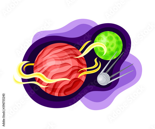Celestial Body or Planet with Flying Sputnik Vector Composition