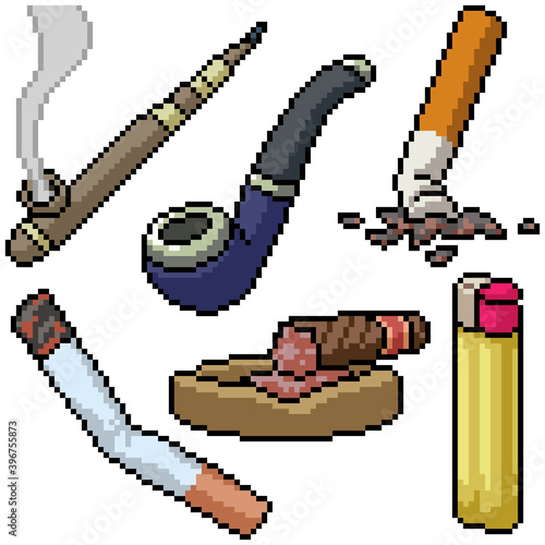 pixel art set isolated smoke pipe