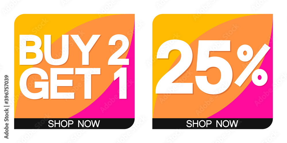 Set Sale banners design template, discount tags, buy 2 get 1 free, 25% off, vector illustration