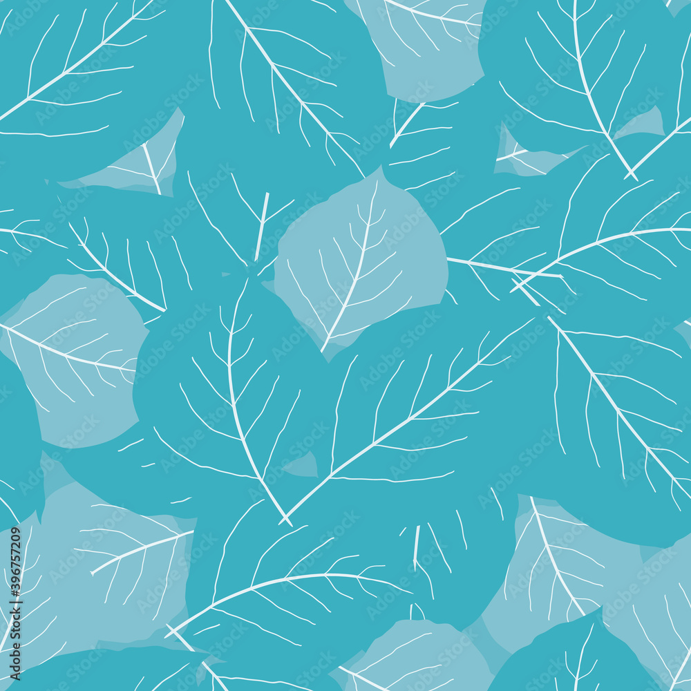 Monochrome sky blue aspen leaf seamless vector pattern background. Overlapping scattered hand drawn leaves textural abstract backdrop. Botanical foliage for spring, summer, vacation, beach concept