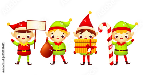 Christmas elf set. Collection of cute Santa Claus helpers holding gifts. Cartoon characters for New Year greeting design