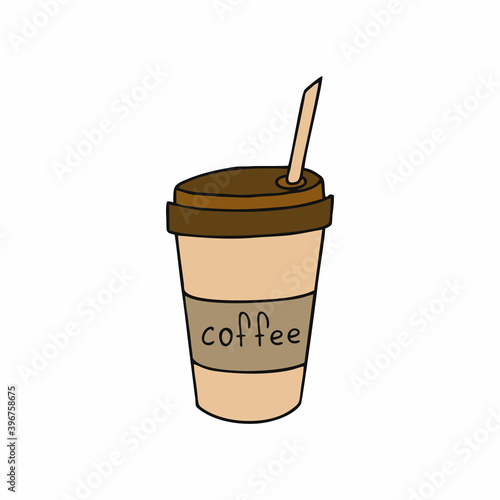Plastic Cup with a straw and the inscription coffee. Vector Doodle illustration on the theme of fast food. Drawing for a restaurant or fast food cafe.