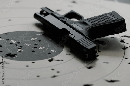 Goal setting with target, objectives and planning concept, top view, You can make a great target of business like a bullet target, gun and bullet holes on paper target