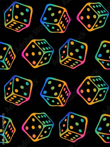 Funny doodle seamless pattern with dice by rainbow contour for board game. Flying cubes isolated on black background. Perfect for children's playroom, textiles, packaging. Stay home hobby time.