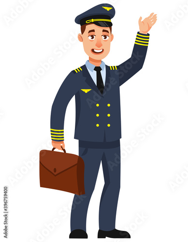Airplane pilot waving hand. Male character in cartoon style.