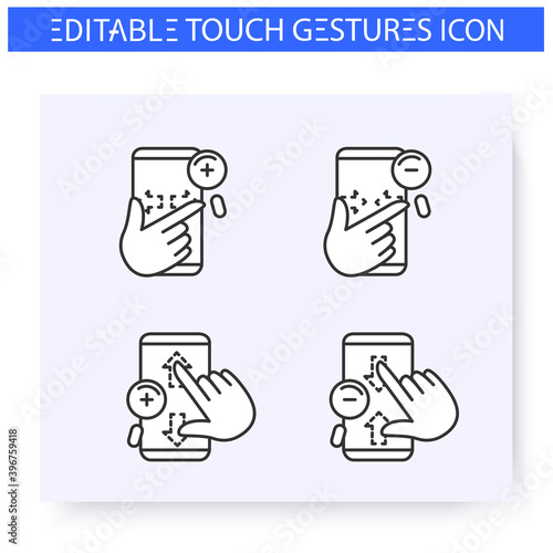 Zoom hand gestures line icons set.Vertical and horisontal zoom.Pinch, sizing. Multitouch gestures for smartphone use. Touchscreen, user interface concept.Isolated vector illustrations.Editable stroke 