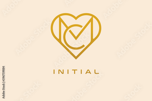 Abstract initials C and M logo, gold colour line style heart and letter combination, usable for brand, card and invitation, logo design template element,vector illustration