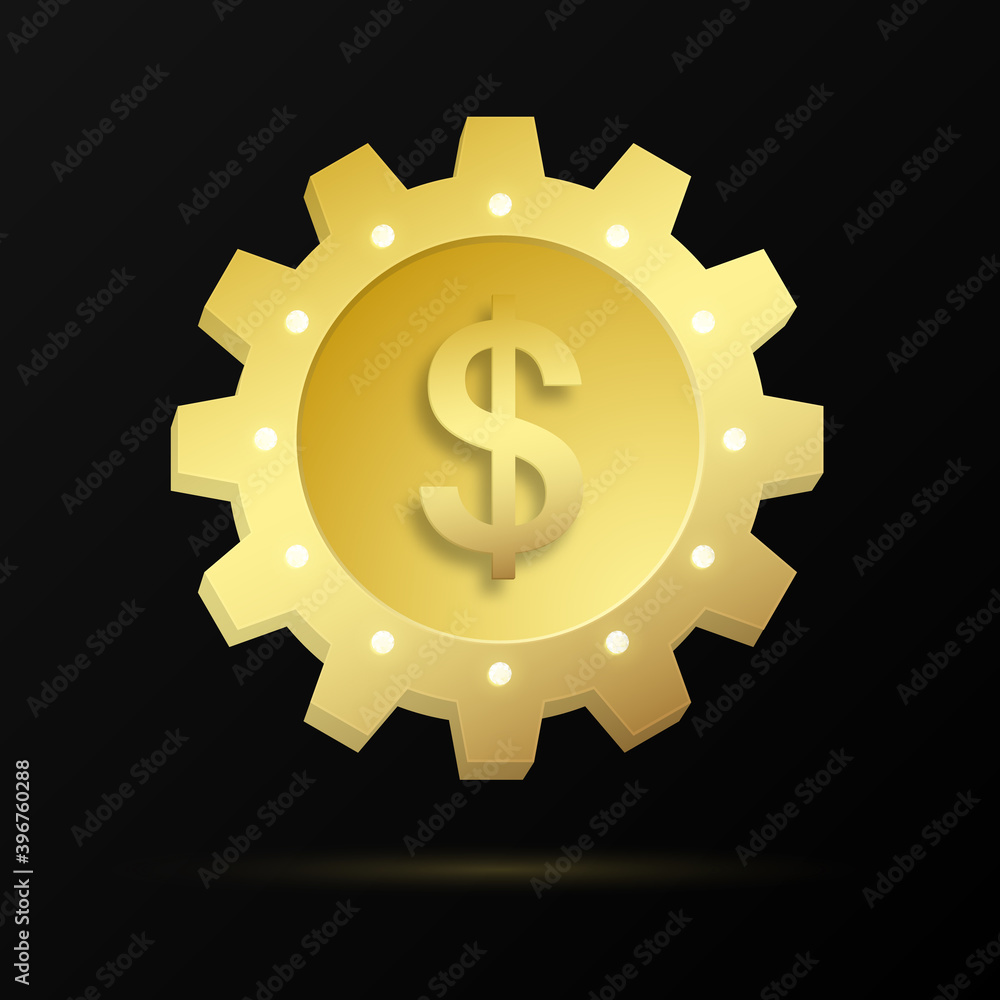 Gold realistic gear with dollar symbol and diamonds. Vector illustration. Gold realistic gear with dollar symbol and diamonds. Vector illustration.