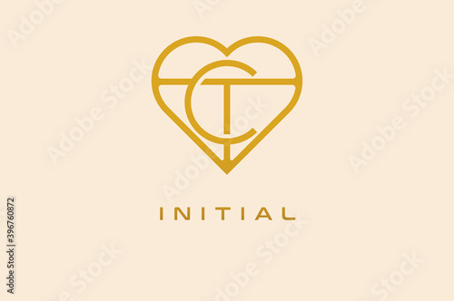Abstract initials C and T logo, gold colour line style heart and letter combination, usable for brand, card and invitation, logo design template element,vector illustration