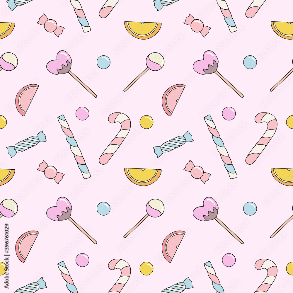 Pink pattern with sweet candies and lollipops. Seamless background for tailoring. Wallpaper for textiles, packaging paper. Pink pattern with sweet candies and lollipops. Seamless background for tailoring. Wallpaper for textiles, packaging paper.