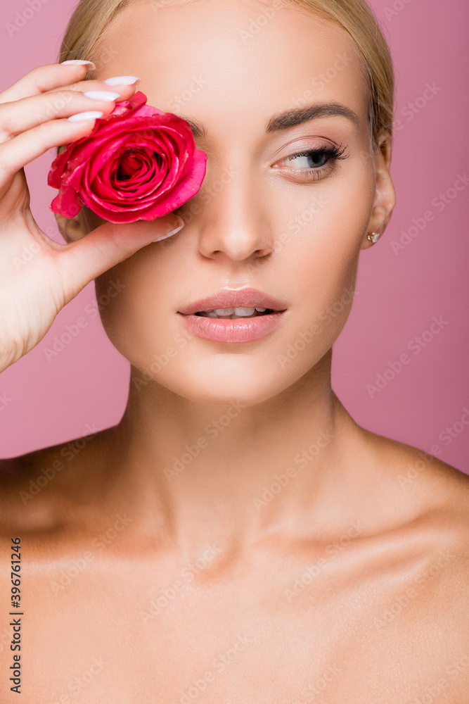 beautiful blonde woman with rose flower on eye isolated on pink beautiful blonde woman with rose flower on eye isolated on pink