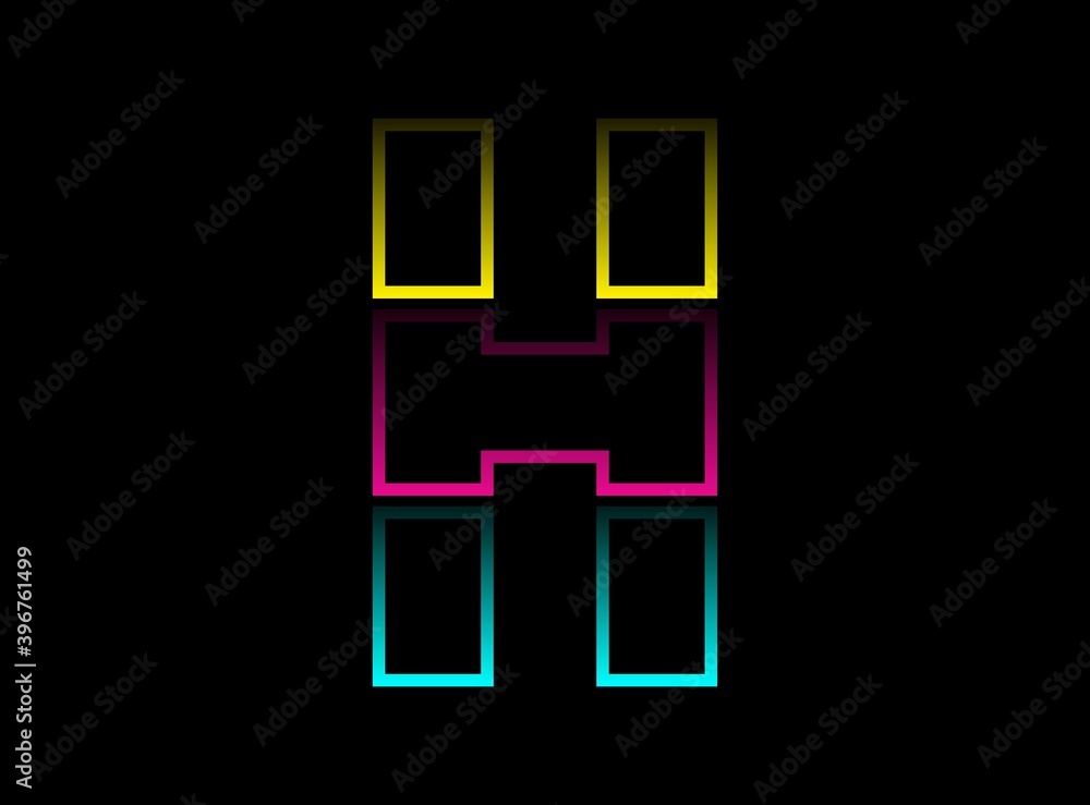 H letter vector desing, Cmyk color font logo. Dynamic split blue, pink, yellow color on black background. For social media,design elements, creative poster, web template and more